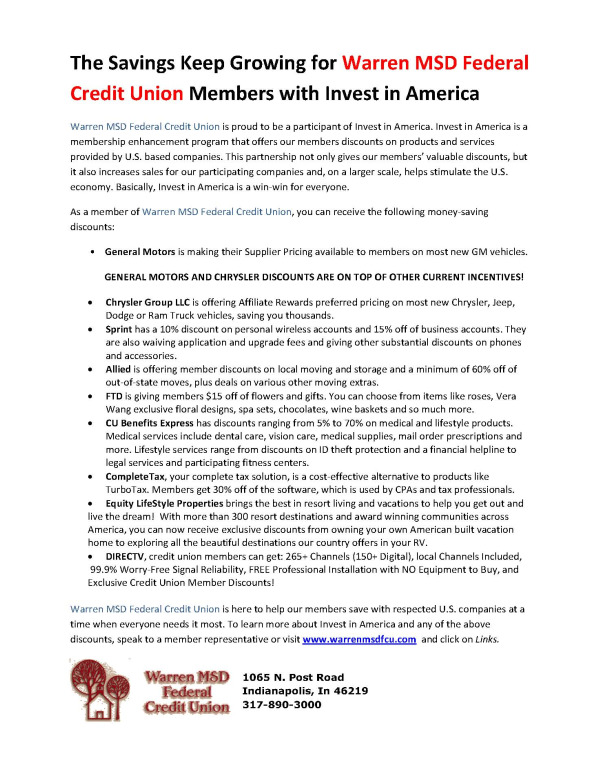 Warren MSD Federal Credit Union Invest in America best practice